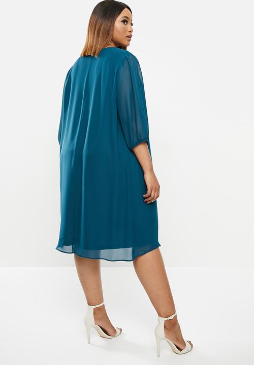 edit Plus - Sheer balloon sleeve trapeze dress - teal