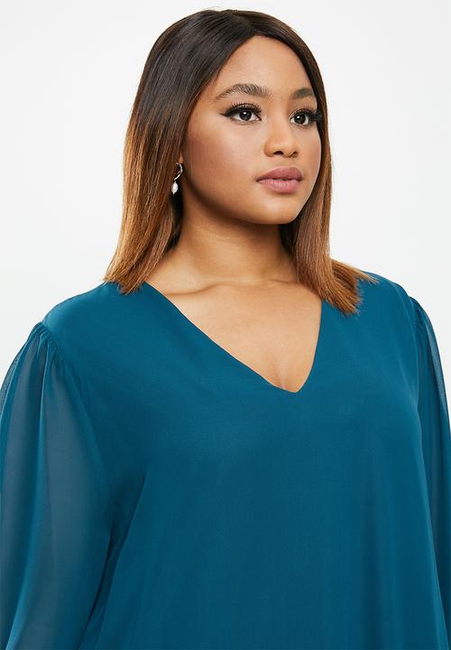 edit Plus - Sheer balloon sleeve trapeze dress - teal