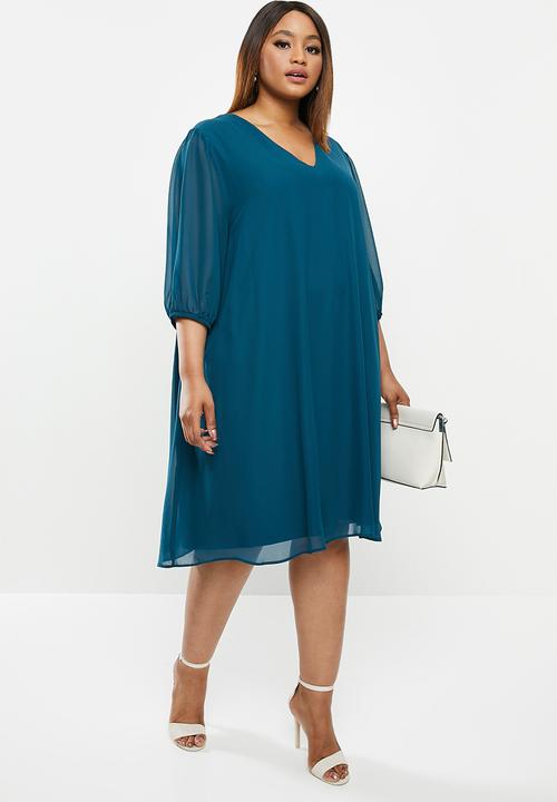 edit Plus - Sheer balloon sleeve trapeze dress - teal