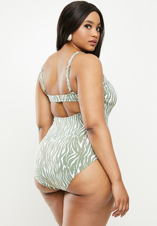 Cotton On - Curve ruched front one piece - khaki & white