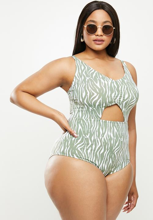 Cotton On - Curve ruched front one piece - khaki & white
