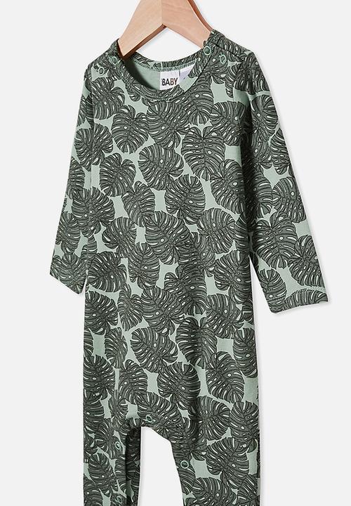 Cotton On - The long sleeve snap romper - smashed avo/tropical leaves