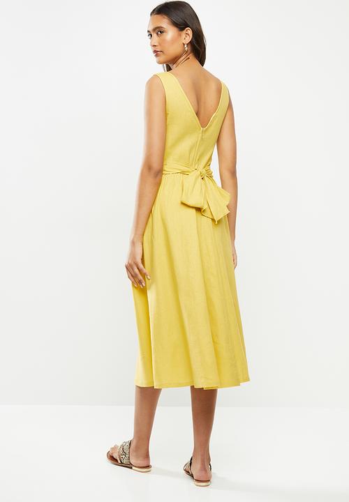 VELVET - Rayon linen wrap front midi dress - citron yellow