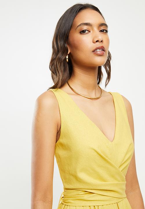 VELVET - Rayon linen wrap front midi dress - citron yellow