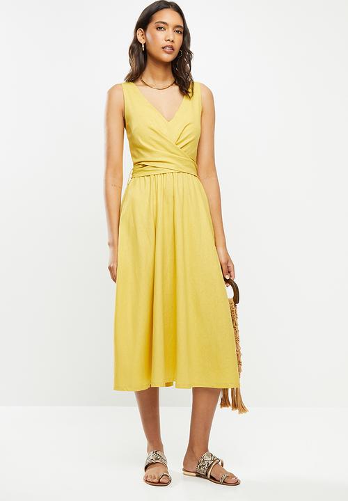 VELVET - Rayon linen wrap front midi dress - citron yellow