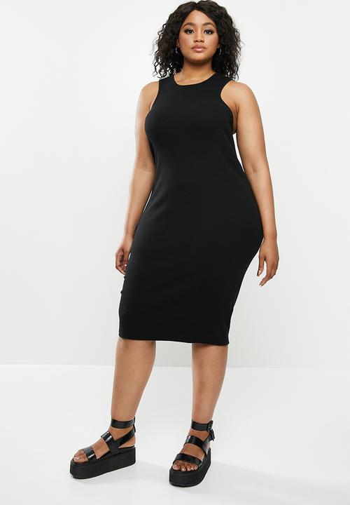 black sleeveless bodycon midi dress