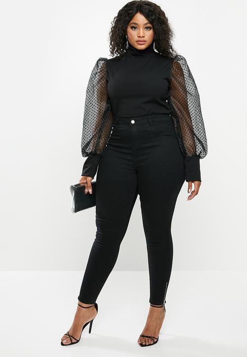 Missguided - Plus dobby puff sleeve top - black