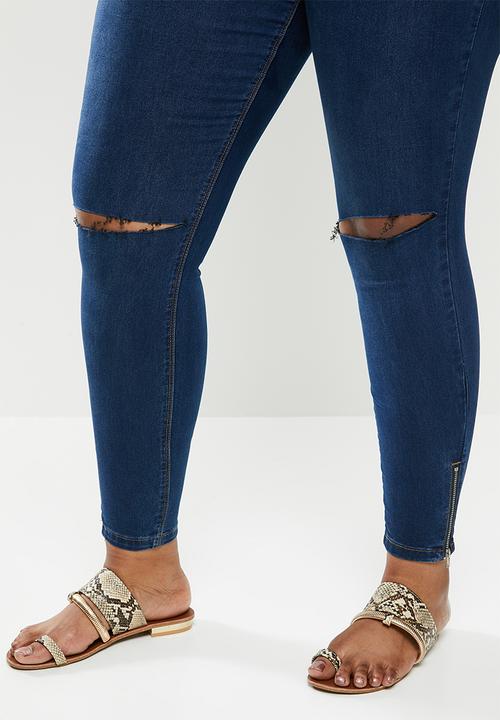 Missguided - Plus lawless slash knee ankle zip jean - deep blue
