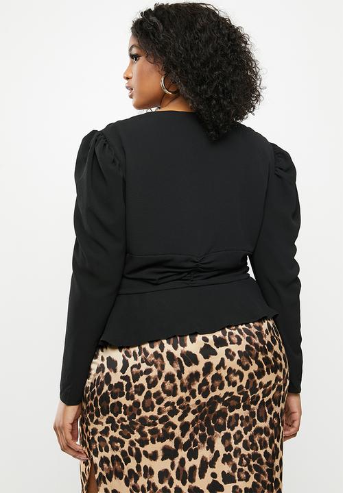 Missguided - Plus ruched puff sleeve pephem top - black