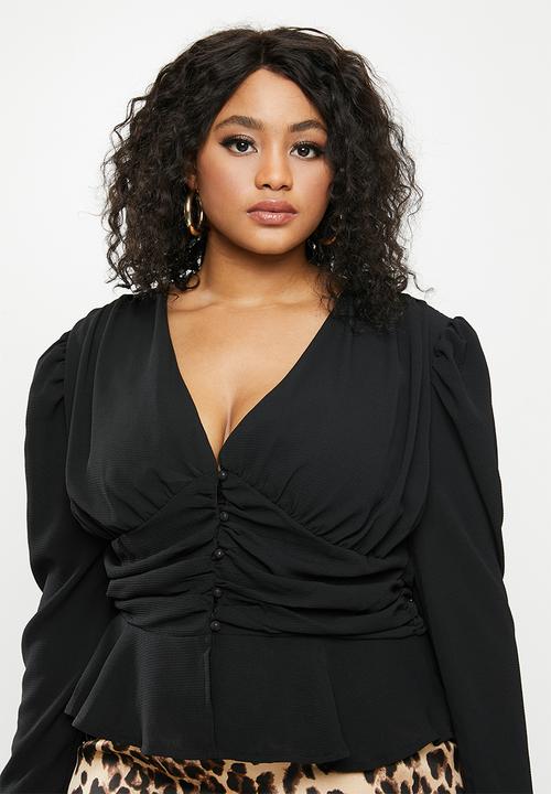Missguided - Plus ruched puff sleeve pephem top - black