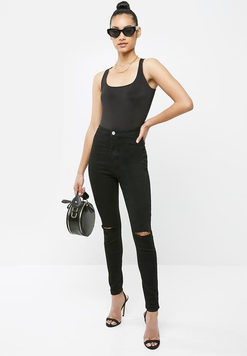 Missguided - Petite vice high waist slash knee skinny - black