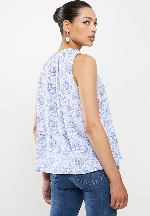 edit - Mandarin tie blouse - blue paisley