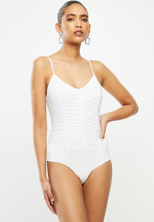 VELVET - Gauged mesh strappy combo bodysuit - white