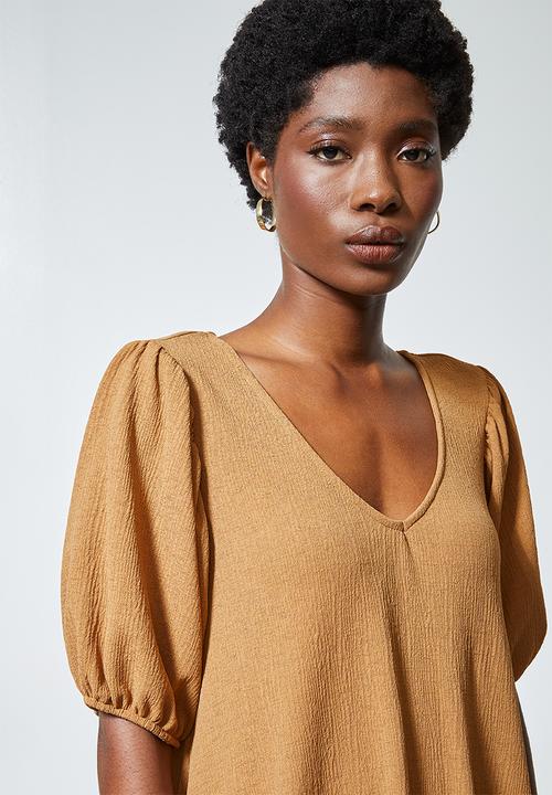 Superbalist - Texture fabric tiered dress with v-back detail - brown