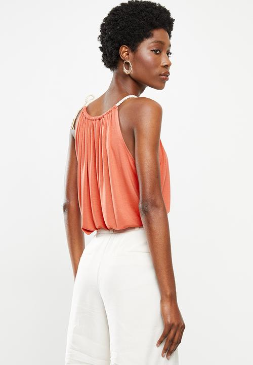 VELVET - Knit halter top with rope trim - rust 