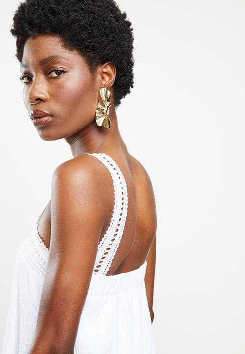 VELVET - Dobby square neck midi tiered dress - white