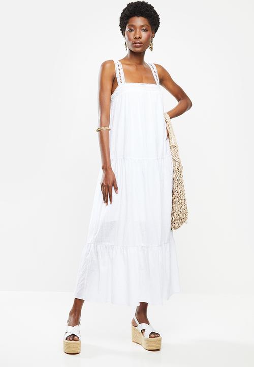 VELVET - Dobby square neck midi tiered dress - white