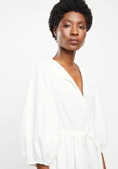 Me&B - Bellow sleeve linen dresswith drawstring waist - neutral
