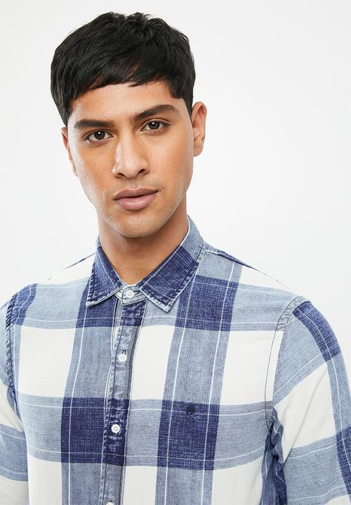 Replay - Indigo checked twill shirt - blue & white