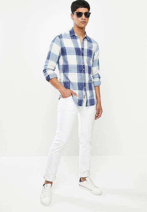 Replay - Indigo checked twill shirt - blue & white