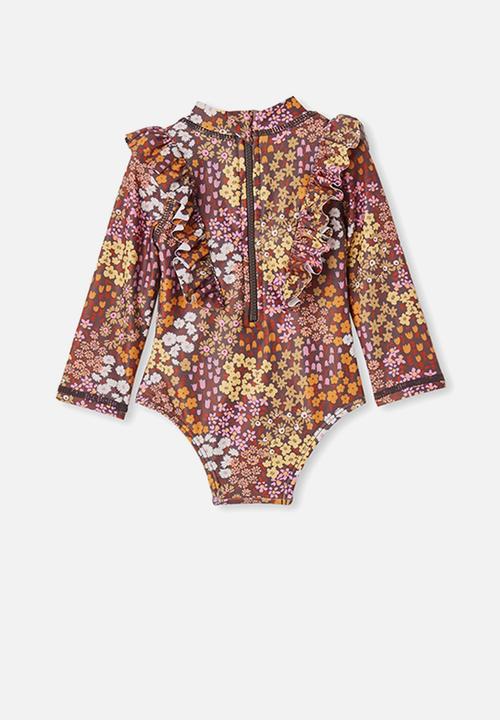 Cotton On - Tori long sleeve swimsuit - rabbit grey & floral fields