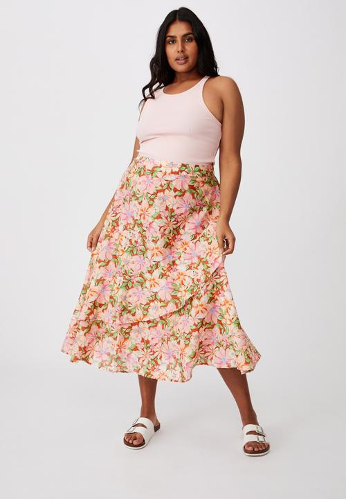 Cotton On - Curve florence frill midi skirt - sharna floral warm bronze