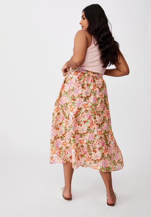 Cotton On - Curve florence frill midi skirt - sharna floral warm bronze