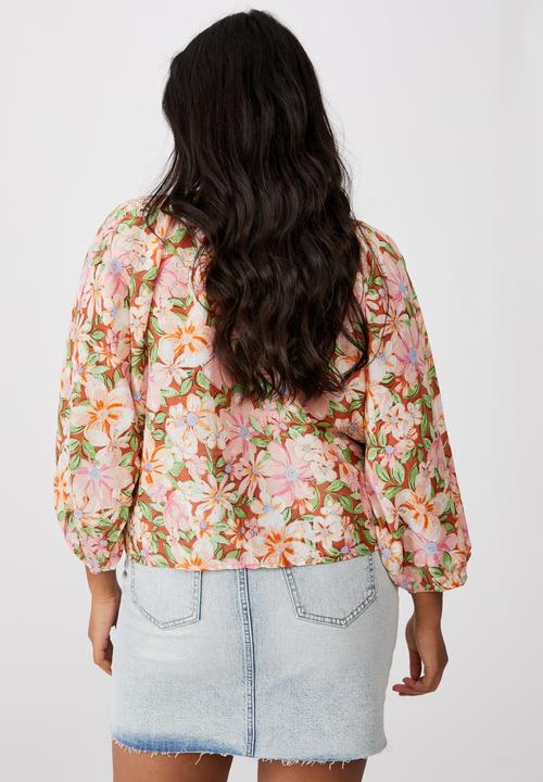 Cotton On - Curve peasant blouse - sharna floral warm bronze