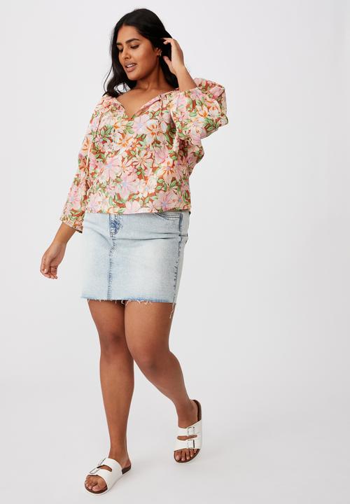 Cotton On - Curve peasant blouse - sharna floral warm bronze