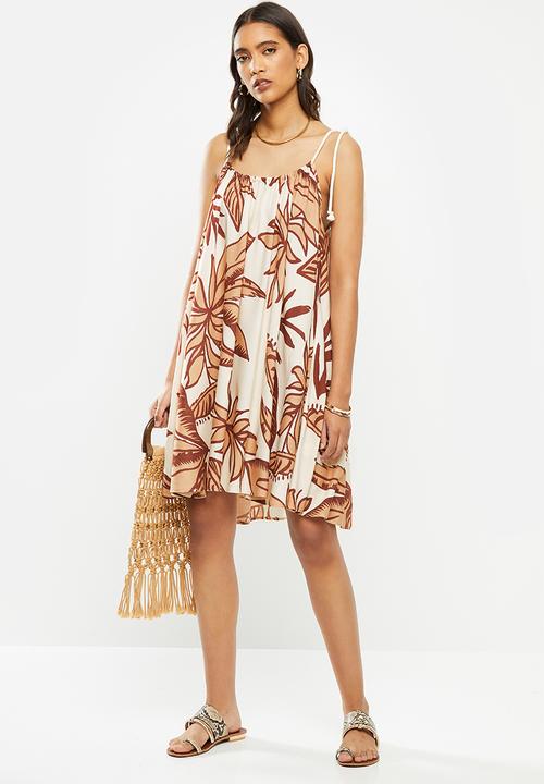 VELVET - Trapeze mini dress with rope tunneled neckline - beige