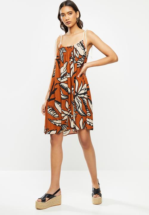 VELVET - Trapeze mini dress with rope tunneled neckline - rust