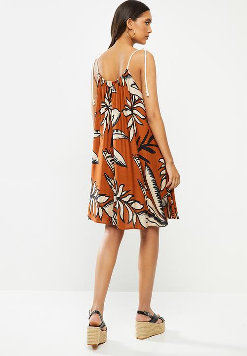 VELVET - Trapeze mini dress with rope tunneled neckline - rust