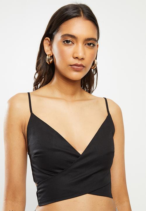 VELVET - Wrap tie back crop top bralette - black