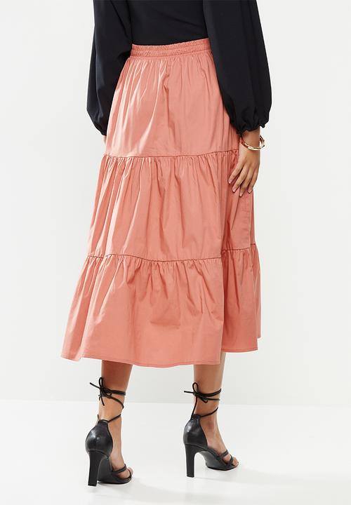 VELVET - Poplin tiered midi skirt - rose
