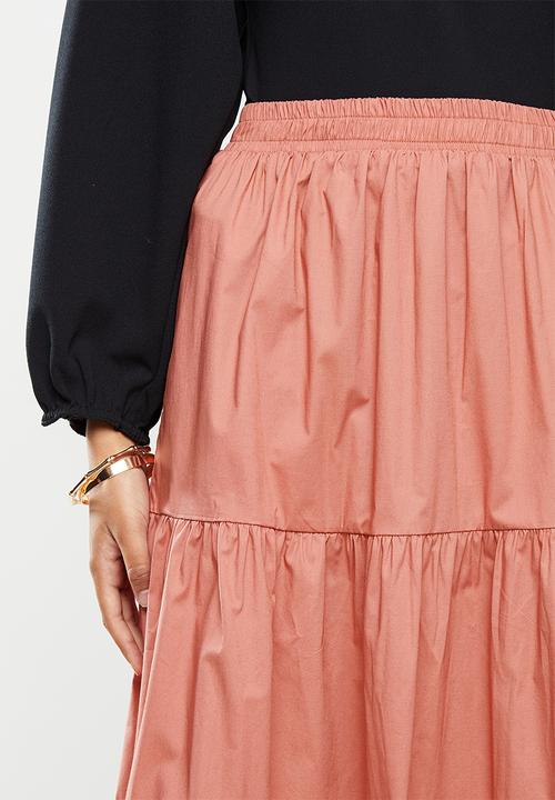 VELVET - Poplin tiered midi skirt - rose