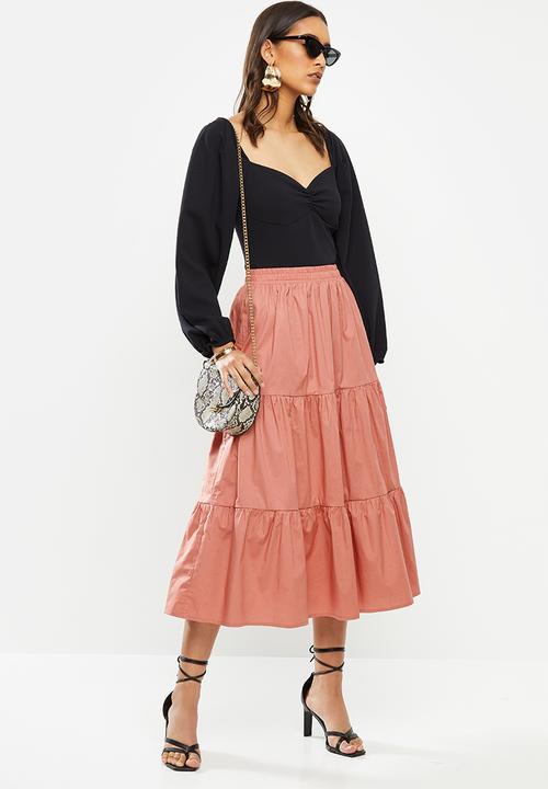 VELVET - Poplin tiered midi skirt - rose