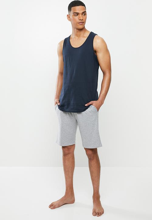 Superbalist - Premium cotton slub vest & knit shorts sleep set - navy & grey