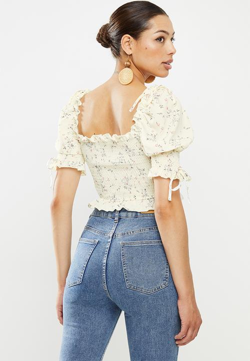 Missguided - Ditsy puff sleeve crop top - cream