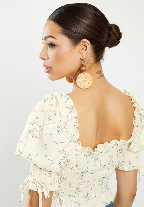 Missguided - Ditsy puff sleeve crop top - cream