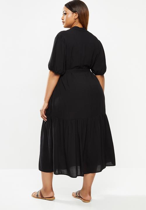 edit Plus - V-neck puff sleeve belted midi - black