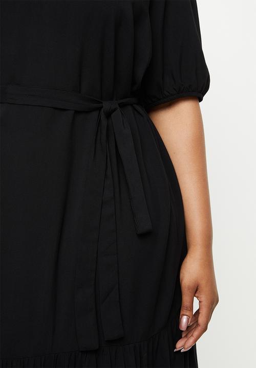 edit Plus - V-neck puff sleeve belted midi - black