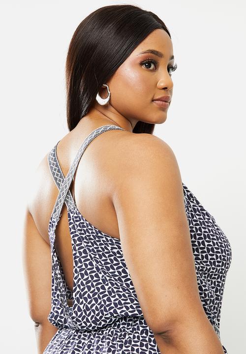 Me&B - Plus the navy minimal print maxi with tape detail - navy & white 