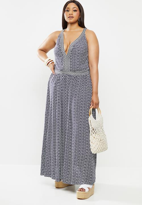 Me&B - Plus the navy minimal print maxi with tape detail - navy & white 