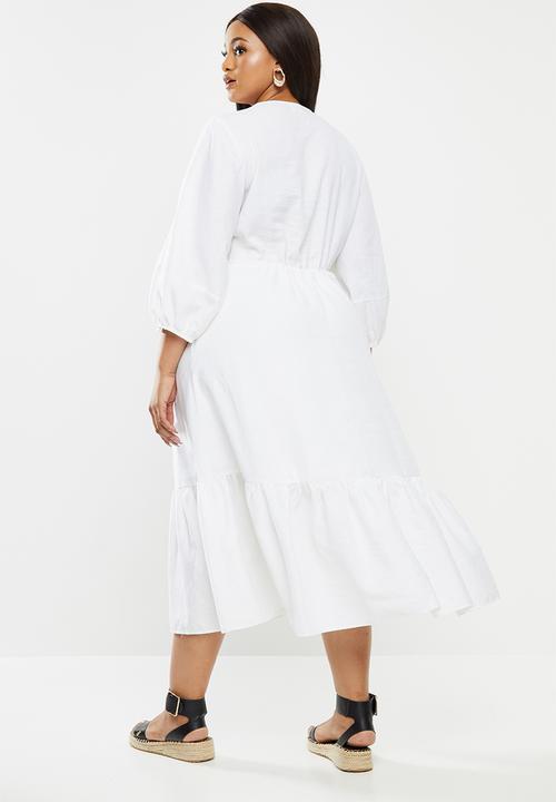 Me&B - Plus bellow sleeve linen dresswith drawstring waist - cream 