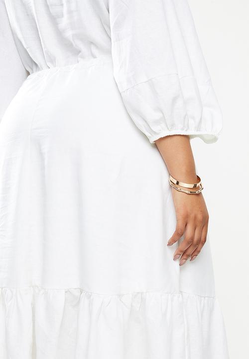 Me&B - Plus bellow sleeve linen dresswith drawstring waist - cream 