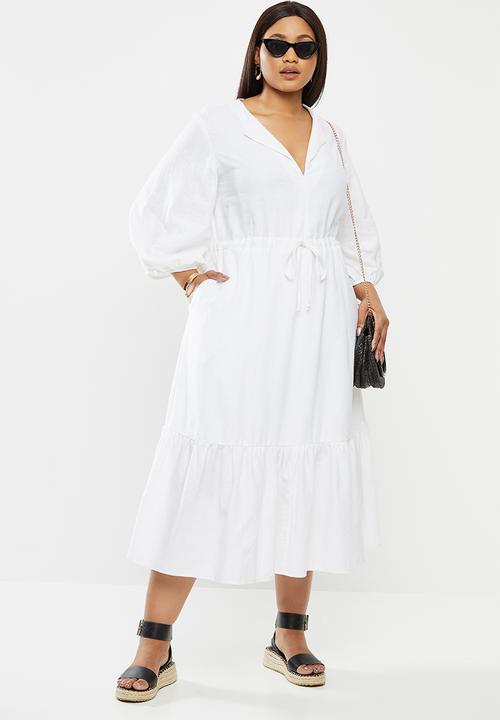 Me&B - Plus bellow sleeve linen dresswith drawstring waist - cream 