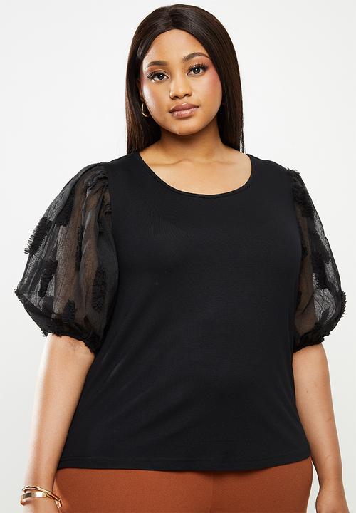 Me&B - Plus combo tee with 3d organza puff sleeves - black 