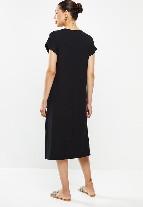 edit - V-neck slit column midi - black