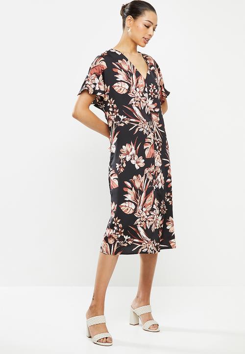 edit - Printed slit midi tunic dress - black & maroon floral