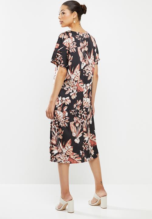 edit - Printed slit midi tunic dress - black & maroon floral